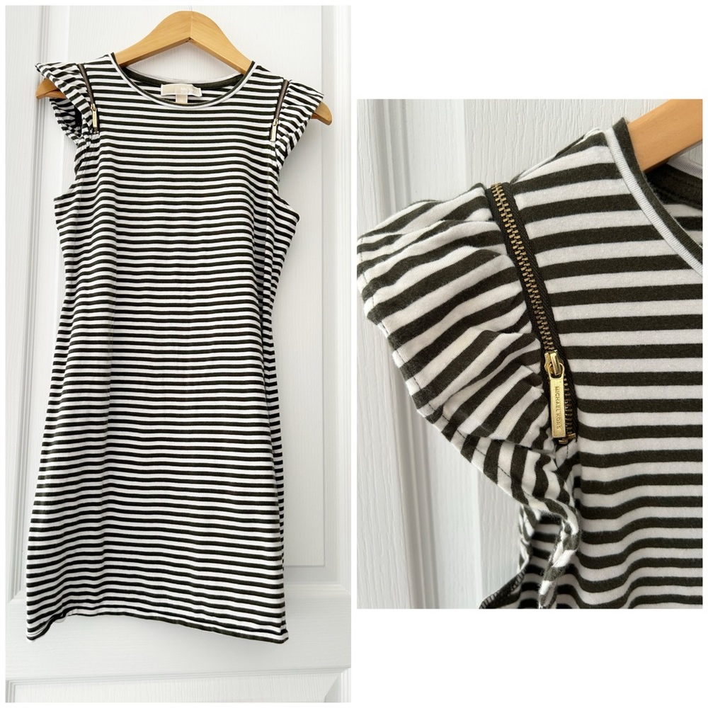 Michael Kors dark green and White Striped Mini Dress
